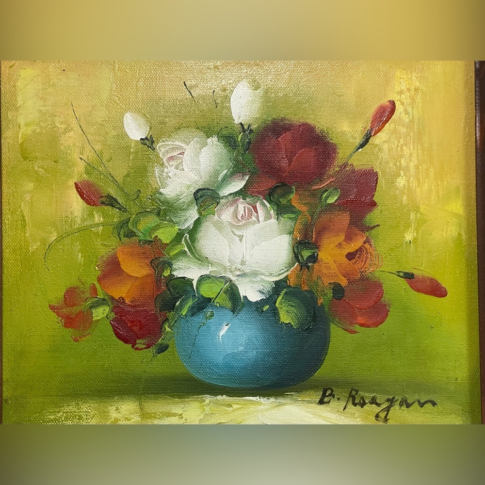 VINTAGE SIGNED B. REAGAN OIL ON CANVAS ROSES FLOWERS PAINTING 8"X10" FRAMED - Picture 3 of 13
